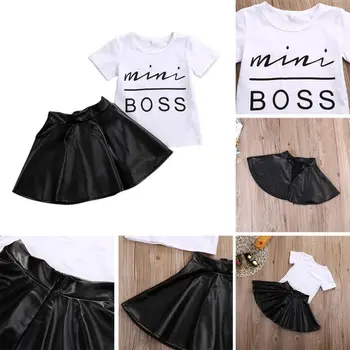2020 Mini Boss Kūdikių Mergaičių Drabužius Vasarą trumpomis Rankovėmis T-shirt Viršūnes + Odinis Sijonas Mergaitėms, Drabužiai Tiktų Bamblys Mergaičių Drabužių Rinkinys