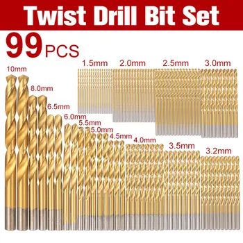 99pcs HSS Padengtas Titano Twist Drill Bit Komplektas 1.5-10mm Twist Grąžtai Bitai Rinkinys, Titano Azotiniu Twist Drill
