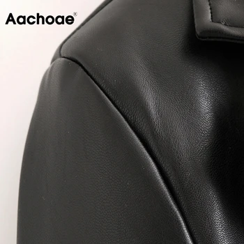 Aachoae Moterų Streetwear Black PU Dirbtiniais Odos Švarkas Kailis 2020 Įpjovomis Apykaklės Vieną Krūtinėmis Striukė ilgomis Rankovėmis Viršūnes viršutinių drabužių siuvimas