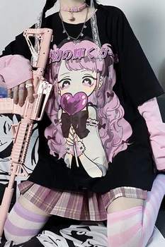 Anime Mergina Spausdinti Moterų Viršūnių 2021 M. Pavasario Vasaros Prarasti False Dviejų dalių Gotikos Stiliaus Japonų Long Sleeve T-shirt Kawaii Studentas