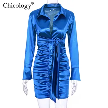 Chicology neon satino nėrinių mini suknelė moterims 2019 long sleeve ruched bodycon šalies drabužių rudens-žiemos panele seksuali klubo apranga