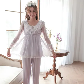 Derliaus Princesė Modalinis Gazas ilgomis Rankovėmis Moterų Pižama Nustato V-Kaklo, Nėriniai vientisos Spalvos Pižamos Saldus Mergaičių Sleepwear Namų Drabužiai