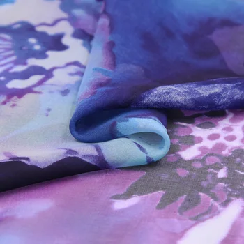 Didelis Mėlynos ir violetinės spalvos gėlių spausdinti, gryno šilko šifono šilko audinio suknelė vien,SCF160