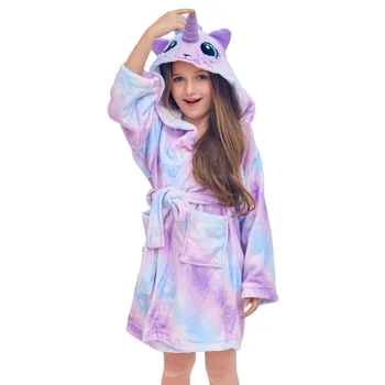 Fioday Naujas Žiemos Mielas Vaivorykštė Chalatai Mergaičių naktiniai marškiniai, pižamos Vienaragis Modelis su Gobtuvu Rankšluostį Virvę Šiltas Sleepwear Vaikams