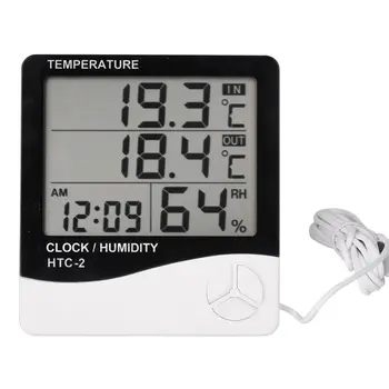 HTC-2 Patalpų Kambarys Skaitmeninis Termometras su Drėgmėmačiu Elektroninis Drėgmės, Temperatūros Matuoklis Laikrodis su Išorės Lauko Zondas Jutiklis