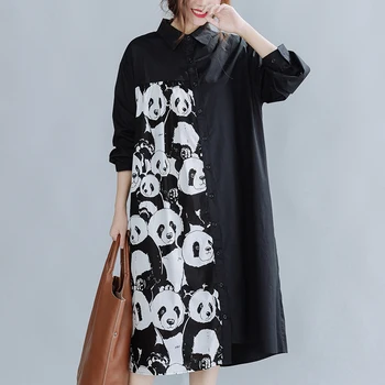 Ilgomis Rankovėmis Marškinėliai Suknelė Moterų 2020 M. Rudenį Naujų Prarasti Didelio Dydžio Gyvūnų Panda Ilga Suknelė Moterims Derliaus Plius Dydis Maxi Juoda Suknelė