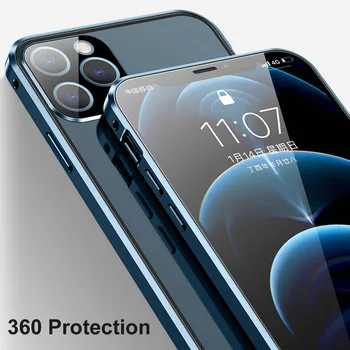 Iphone 12 pro max atveju Prabanga Aikštėje Magnetinio Adsorbcijos Atveju iphone, 12 mini pro 11 max metalo bamperis stiklo pilnas draudimas