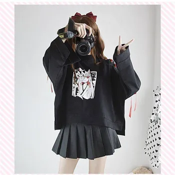 Japoniška Moterų Viršūnių Tee ilgomis Rankovėmis Harajuku Print T-shirt Moteris Prarasti atsitiktinis Patchwort Mielas Japonija Kawaii Merginos Marškinėlius