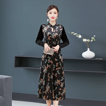 JiuMeiDai Moterų Kinų Stiliaus Aksomo Suknelė-Lady Elegantiškas Atspausdinta Suknelės Moterų Stovėti Apykaklės, Derliaus Šalis, Cheongsam Plius Dydis