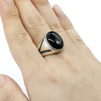 Juodasis Oniksas Vyrų Žiedas 925 Sterlingas Sidabro Ovalo formos Natūralus Akmuo Tailando Originalus Sidabro Žiedas Vyrų Moterų Senovinių turkijos Papuošalai