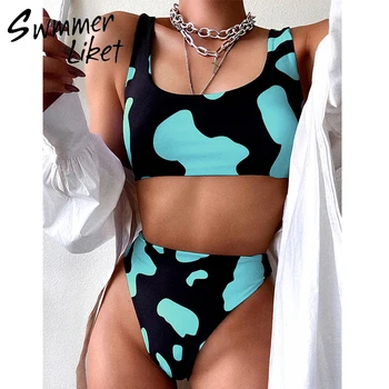 Karvė spausdinti maudymosi kostiumėlį moteris Bandeau bikinis 2020 mujer Aukšto juosmens bikini Vintage 2 dalių kostiumą Sporto moterų maudymosi kostiumėliai, maudymosi kostiumą