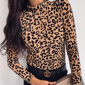 Leopardas spausdinimui O-Kaklo, ilgomis Rankovėmis Viršų Plonas Vasaros T-shirt Seksualus moteriški marškinėliai chemise mujer žvejybos tinklas korėjos Stiliaus Moteris, t-Shirt