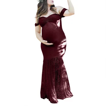 LONSANT Motinystės suknelė Moterims Shoulderless mermaid dress Moterų Pregnants Seksualus Fotografija Rekvizitai Nėrinių Slaugos Ilga Suknelė