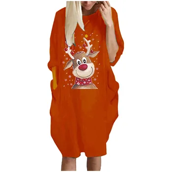 Moterų Žiemos Kalėdų Dress Negabaritinių Mados Prarasti Įgulos Kaklo Kišenėje Spausdinti Suknelė Rudens Drabužiai korėjos Moterų Gaubtu#p3