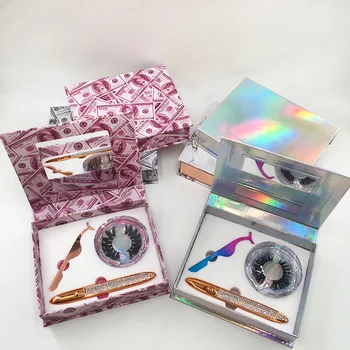 Naujų Stilių Privačios Etiketės Magnetiniai Veidrodėliai Dėžutė su Juoda akių kontūro Pieštuką, Blakstienų Pincetu Dramos 3D Mink Blakstienų Rinkinys