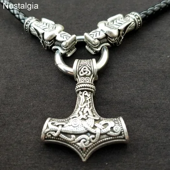 Nostalgija Thor Hammer Skandinavų Vikingų Drakonas Karoliai Ilgi Odiniai Mjolnir Amuletas Wicca Pagonių Raganavimas Papuošalai