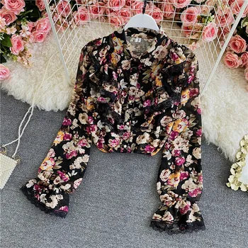 Pavasarį, Rudenį Naujų Korėjos Stiliaus Susiėmę Gėlių Šifono Marškinėliai Moterims Retro Prarasti Slim Mados Viršuje, C160