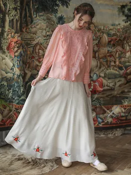 Pavasarį, Rudenį Palaidinė Moterims, Švieži Elegantiškas Mori Grils Siuvinėjimo Nėrinių Atsitiktinis Palaidų Rožinės Spalvos Šifono Palaidinės Korėjos Mados Drabužiai