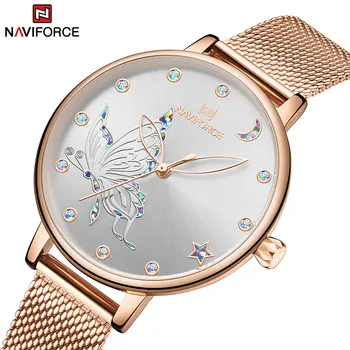 Prabangos Prekės NAVIFORCE Rose Gold Moterų Laikrodžiai Mados Kūrybos Kvarco Ponios Laikrodis atsparus Vandeniui Laikrodis merginos Relogio Feminino