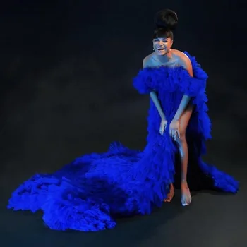 Royal Blue Sodrus Reljefiniai Tiulio Suknelė Rūbeliai Off Peties Moterų Tiulio vestidos fotosesiją Suknelė Pusės Split Motinystės Rūbeliai