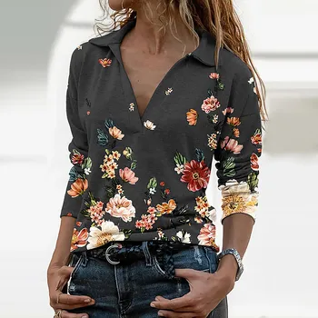 Rudenį 2020 m. Moteris marškinėlius Mados 2020 Gėlių Spausdinti išjunk V-kaklo, ilgomis Rankovėmis Megztinis Viršūnės T-shirt Blusas Mujer De Moda 2020 m.