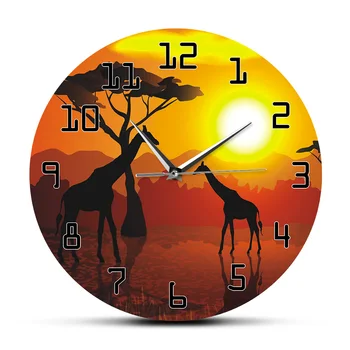 Serengeti Afrikos Saulėlydžio Savana Safari Spausdinti Kabo Laikrodis Gyvūnijos Žirafa Žiūrėti Ne Pažymint Slient Sieninis Laikrodis