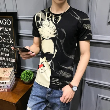 Vasarą Naujas Modelis Asmenybės Spausdinti Marškinėliai Camiseta Hombre Klubo Šalis Medžiaga Homme Hombre Manga Corta Korėjos Viršuje Trumpas Tee