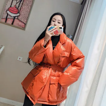 Žiemos Moteris Oranžinė Striukė Negabaritinių Prarasti korėjos Stiliaus Plius Dydis Tinka Paltas su Diržu, Kišenėmis Saldus Mergaičių Outwear
